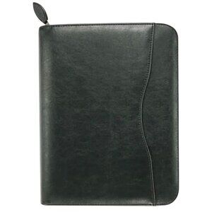 Black Leather Zippered 7-Ring Binder Organizer With Card Slots & ID Window